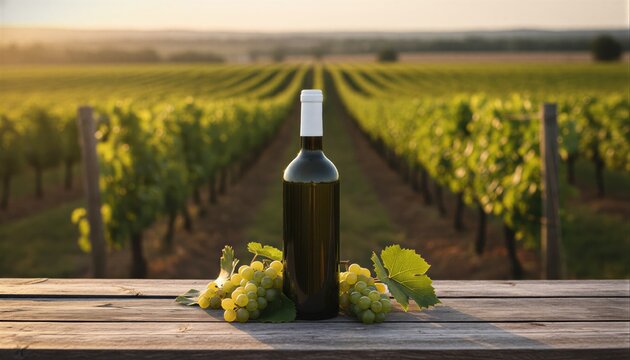 Dark green wine bottle on a rustic table with fresh grapes in a sunlit vineyard