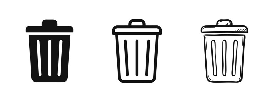 Trash can or waste bin icon set in glyph, outline, and sketch style