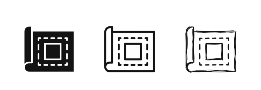 Blueprint or layout plan icon set in glyph, outline, and sketch style