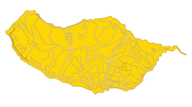 Yellow Madeira Island Map Outline with Road Network on White Background