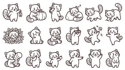 Collection of cute red panda illustrations in various poses and activities, hand-drawn style. © Banana Milk