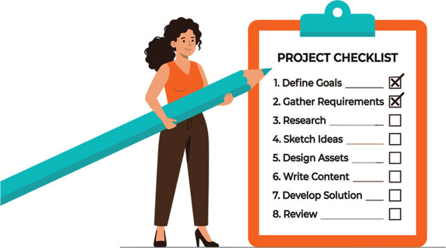 Businesswoman holding giant pencil completing project management checklist on large clipboard for business workflow and productivity concept vector