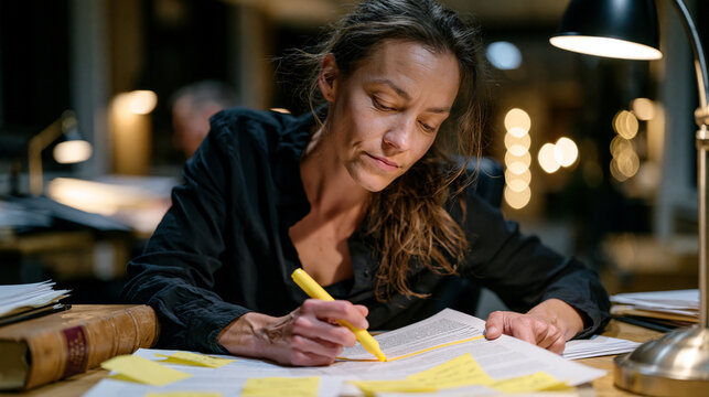 Legal compliance officer highlighting a data minimization clause in a printed privacy contract under a desk lamp, annotated sticky flags marking every excessive data retention clause, leather-bound 
