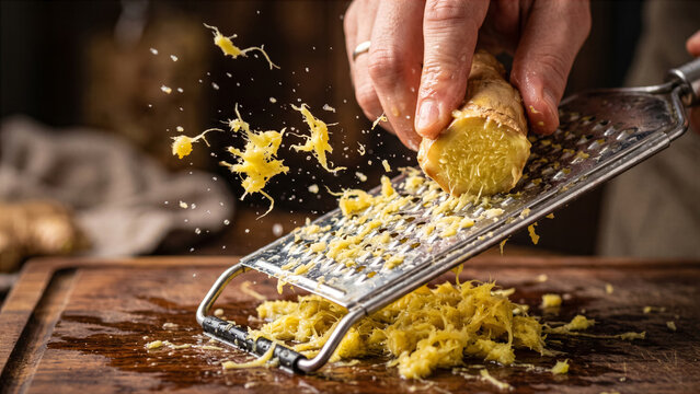 Fresh ginger root being grated into juicy yellow pulp with sharp metallic grater edges in professional kitchen