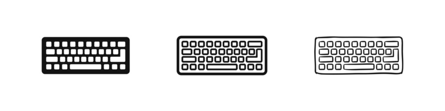 Computer keyboard icons set in glyph, line, and doodle styles