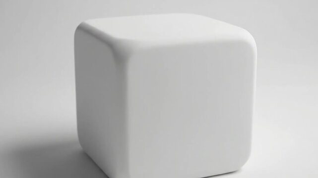 A simple white cube sits isolated against a clean and neutral studio background