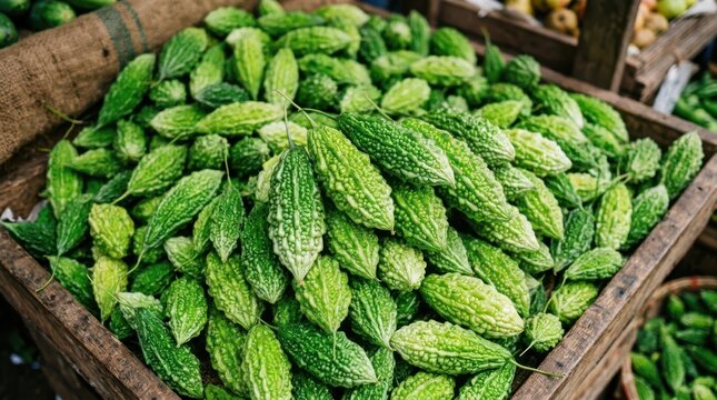Fresh bitter melons in a wooden crate at a market