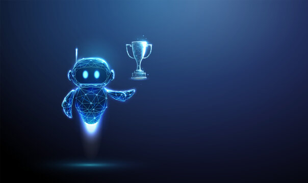 3D blue robot holding golden trophy. Artificial intelligence, automation, machine learning, victory, innovation, competition, championship, success, prize concept