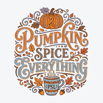 Fall autumn thanksgiving halloween vector pumpkin spice everything typography design with psl seasonal elements