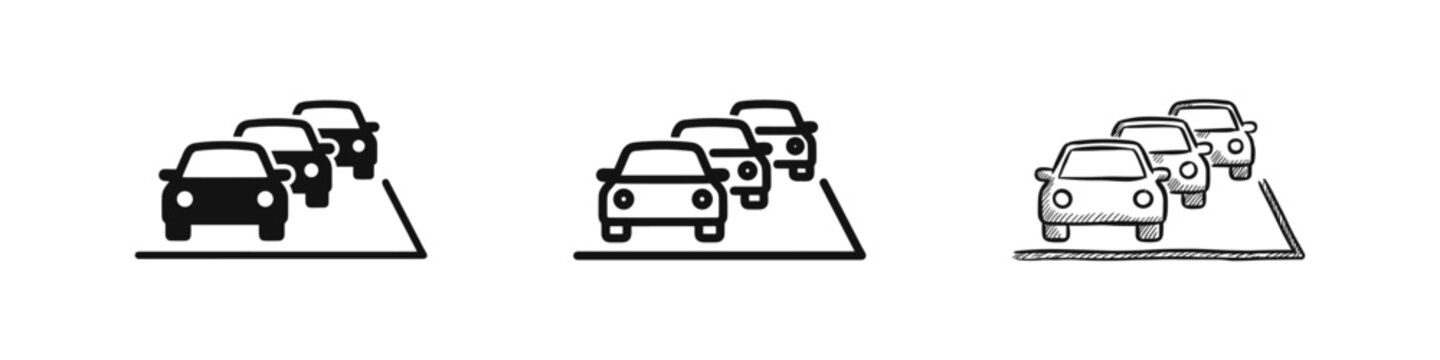 Traffic jam and car queue icons set, road congestion and parking symbols, flat and hand drawn