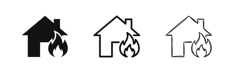 House on fire icon set, home insurance and fire safety warning signs © drawing lines