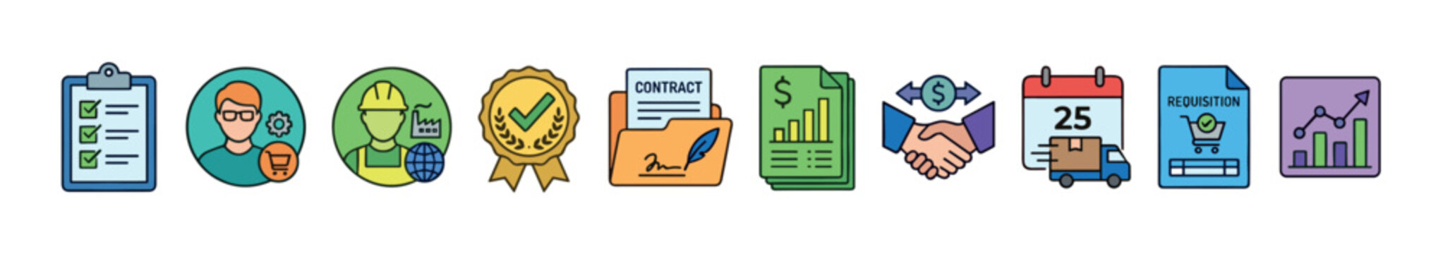 Business supply chain management process icons illustrating key elements like planning, personnel, quality, agreements, and delivery.