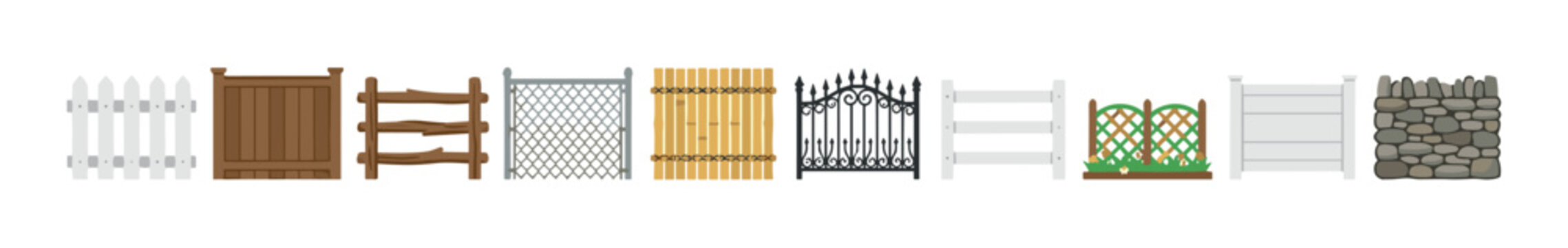 Various fences and gates collection in flat design style featuring different materials and architectural elements for property boundaries.