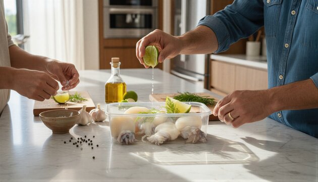 Parents and child preparing fresh baby cuttlefish in cozy kitchen