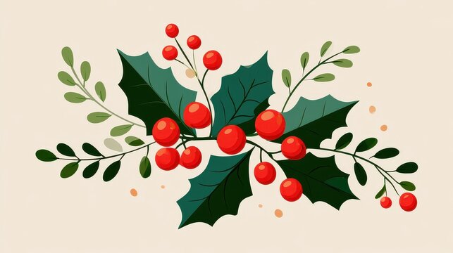 Holly berries botanical decor flat design top view festive nature theme animation Triadic Color Scheme. 