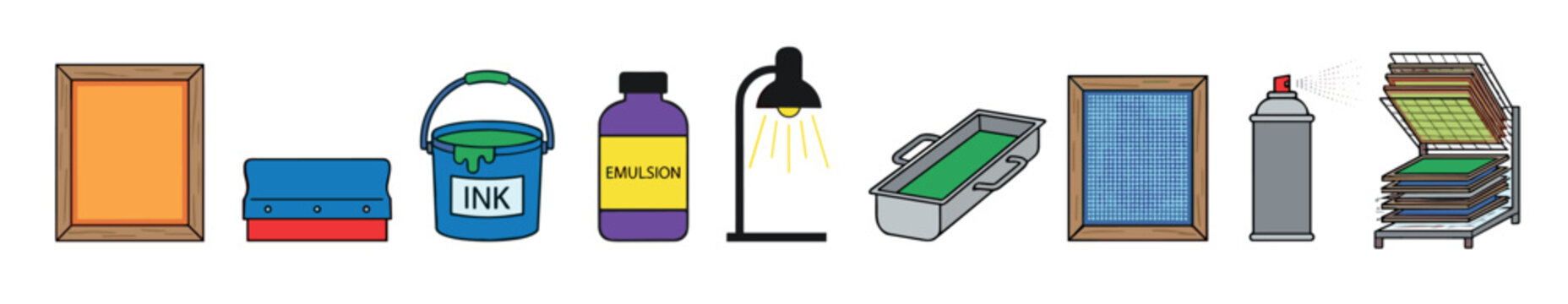 Screen printing tools and equipment are meticulously laid out, showcasing the complete array of supplies needed for professional and DIY printing projects.