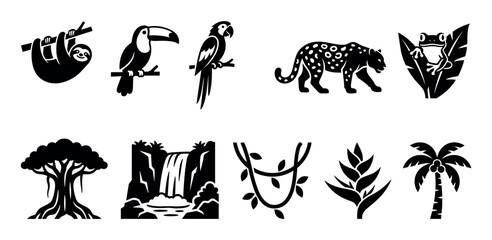 Fototapeta premium Set of tropical jungle animals and plants featuring various wildlife, flora, and natural elements in a minimalist black silhouette style.