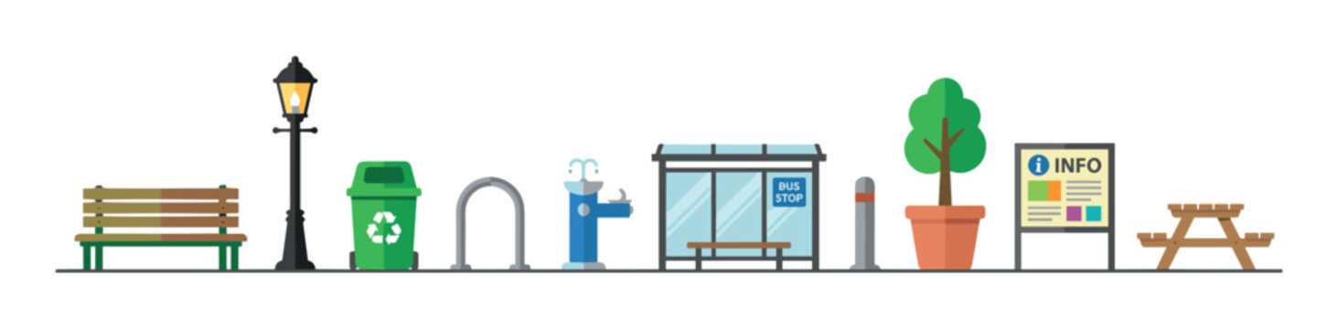 Various public amenities and urban furniture elements including a bench, lamppost, recycling bin, bus stop, and picnic table in a flat design style.