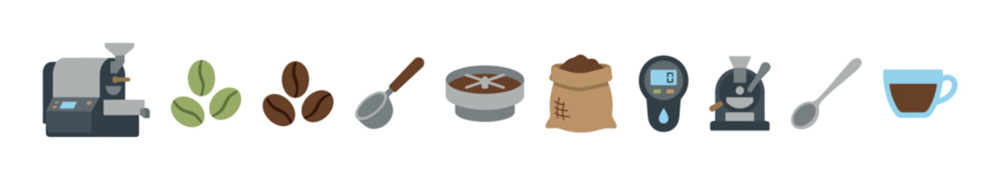 Coffee production process icons illustrating various stages from green beans to a brewed cup, including roasting machines and grinding tools.