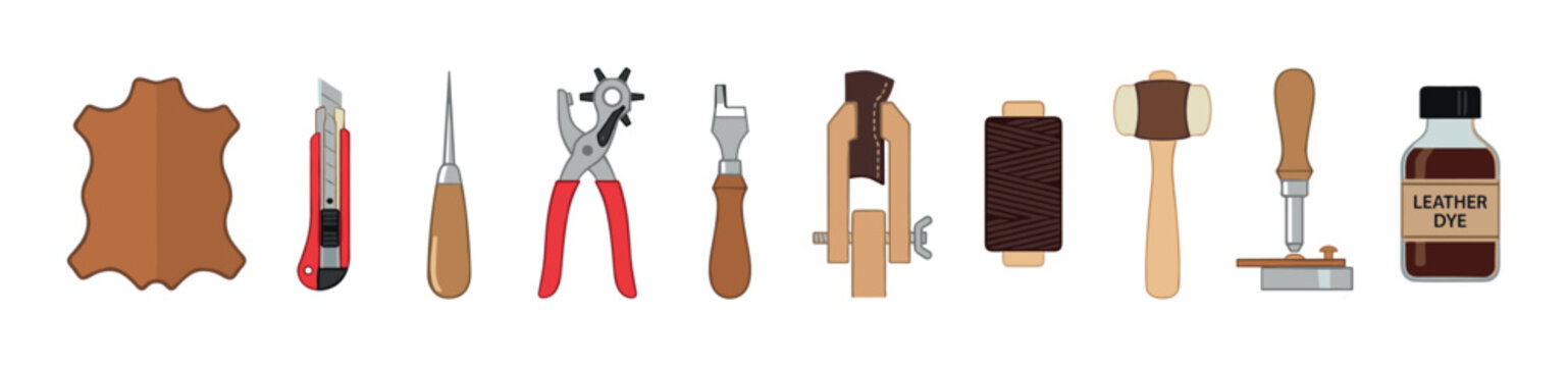 Comprehensive collection of essential leather crafting tools and materials, including hide, knives, punches, thread, and dye, ready for artisan work.