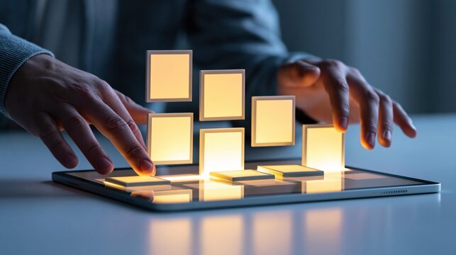 A person interacts with a digital tablet displaying glowing floating squares representing data or app icons in a futuristic tech environment.