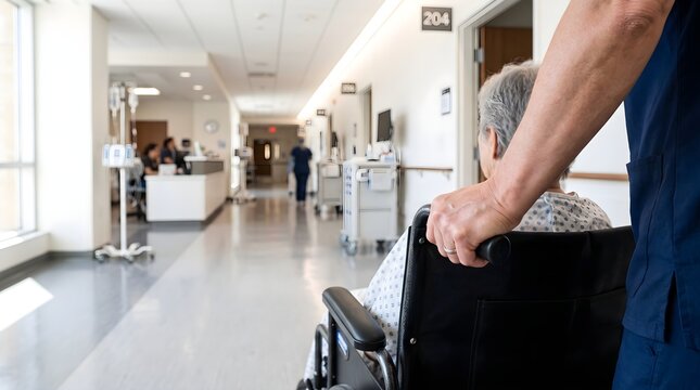 Healthcare Worker Guiding a Wheelchair Through a Modern Hospital Corridor