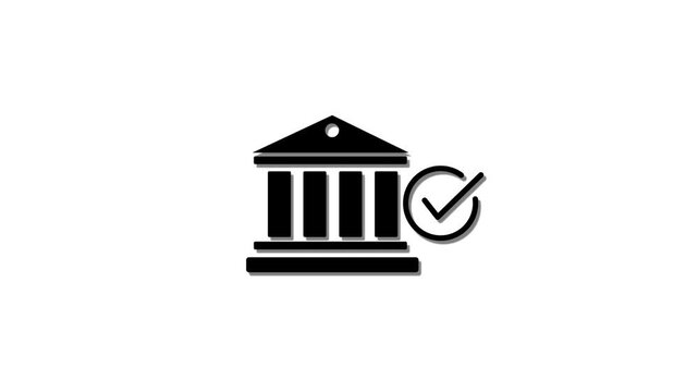 Gray bank building icon with a checkmark on a black background finance money 4k animation video.