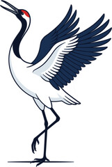 Fototapeta premium Traditional Japanese red-crowned crane bird dancing with open wings isolated on white background vector cartoon illustration concept.