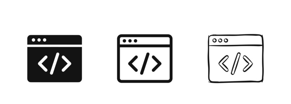 Set of three web development browser window icons with coding tags in glyph, outline, and sketch styles