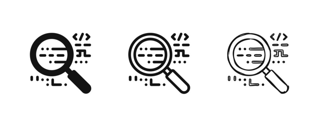 Set of three code search icons with magnifying glass and programming syntax in glyph, outline, and sketch styles