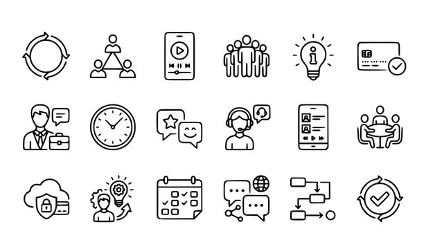 Modern Teamwork Music App and Business Communication Thin Line Icons Set Vector Collection