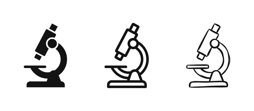 Set of microscope icons, solid, outline, and sketch style