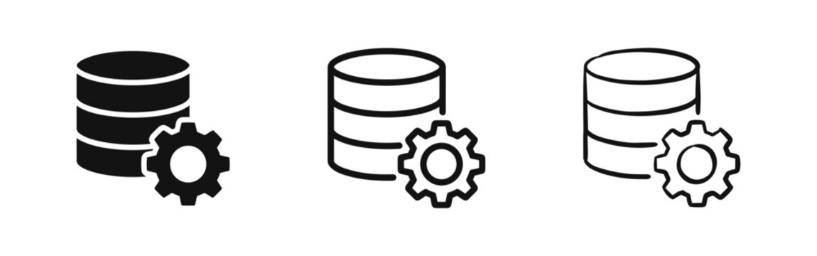 Set of database gear icons, server configuration and settings concept, glyph, outline and sketch styles