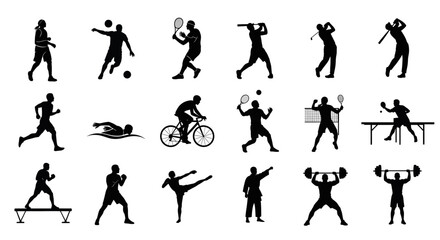 Fototapeta premium Sport siluet icons set depicting diverse athletic activities and physical training exercises in minimalist design