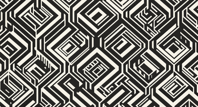 Seamless black and white geometric block pattern featuring interlocking isometric lines and maze-like square shapes in a high contrast monochrome abstract design for background.