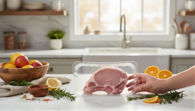 Person picking up fresh pork cutlet for cooking