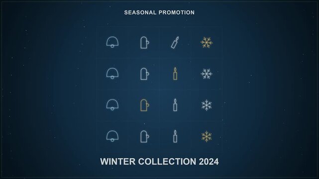 Animated winter collection 2024 promotion with blue icon grid