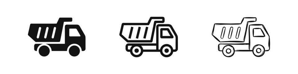 Set of dump truck icons in solid, outline, and sketch style © drawing lines