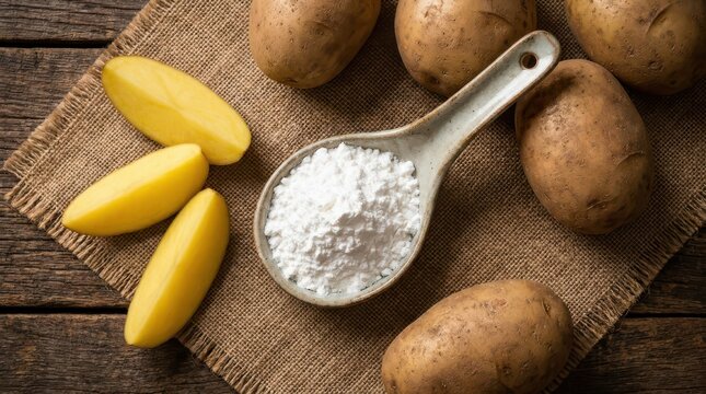 Raw potatoes and a spoonful of potato starch on a rustic wooden table with burlap