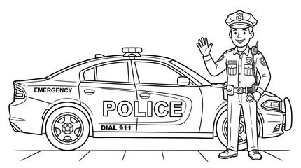 Friendly Police Officer Waving Next to Patrol Car, Line Art Illustration © esket