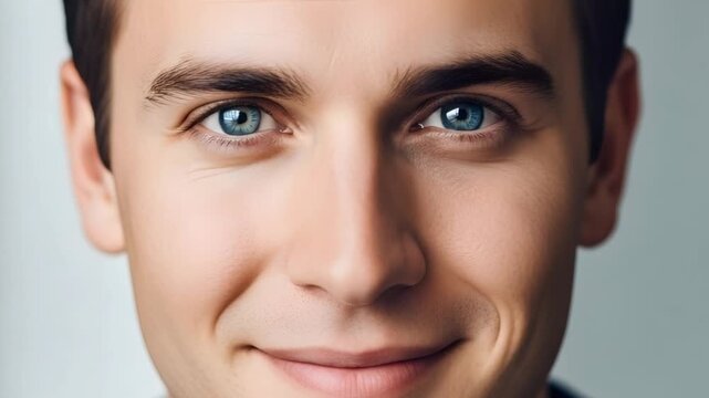 A close-up video of a handsome young man with blue eyes looking directly at the camera with a neutral expression on a plain background