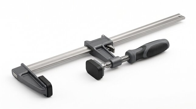 Professional bar clamp isolated on a white background with realistic steel texture and studio lighting.