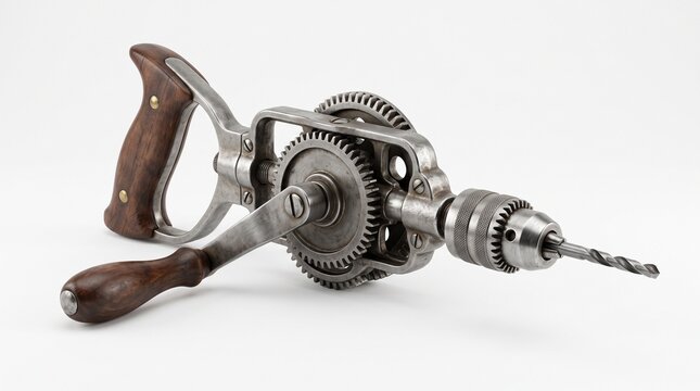 Manual hand drill isolated on a white background with realistic steel and wood textures under studio lighting.