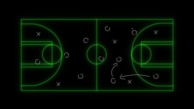 Pentagon starting sports court overlay drawing, tactical X or O marks and arrows evolving for coachi Motion graphic 4k animation video.