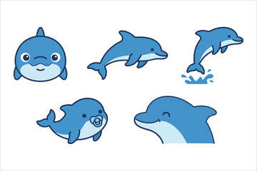 Naklejka premium Cute cartoon dolphin characters set featuring smiling baby and jumping dolphins character illustration collection swimming pacifier friendly