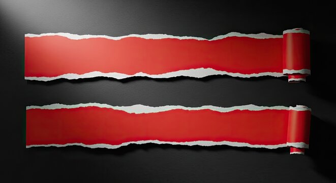 Two ripped red paper banners on dark textured background