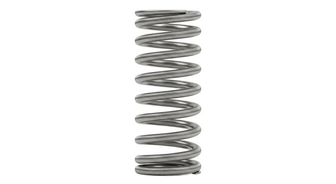 Close-up of a metallic coil spring with a silver finish on a white background