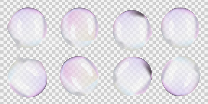 Transparent soap foam balls in air. 3D iridescent rainbow spheres and textured circles float on white png. Glass plastic mirror reflections on big bath bead. Shiny pastel blown day-dreaming bubbles