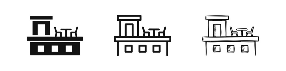 Fototapeta premium Rooftop terrace and building icon set in different styles