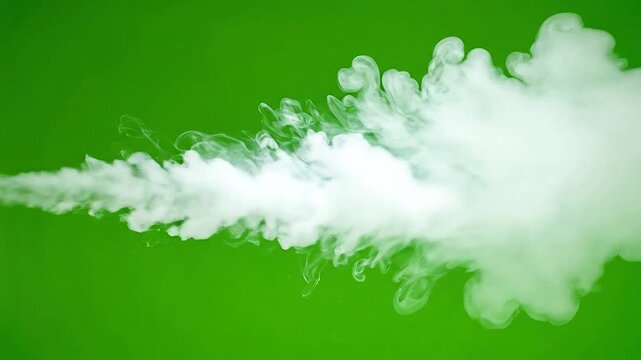 A dense white cloud of vapor expands rapidly against a solid green background